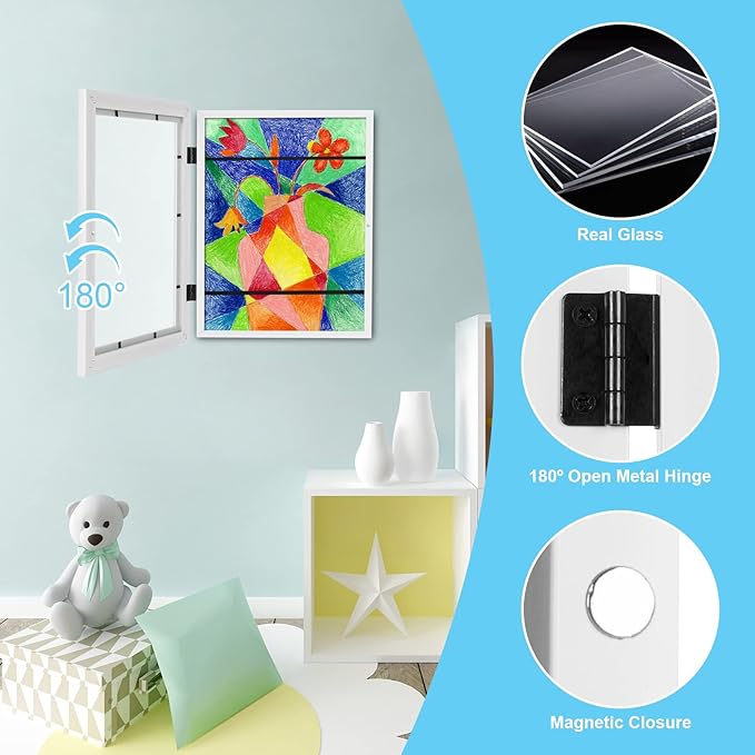 [3Pack] Kids Art Frames, 9x12 Front Opening Kids Artwork Frames Changeable, White Artwork Display Storage Frame for Wall, Holds 50 Pcs, for 3D Picture, Crafts, Children Drawing, Hanging Art, Portfolio