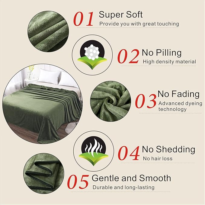 Fleece Blanket Queen Size 350GSM Lightweight Throw for The Bed Extra Soft Brush Fabric Super Warm Sofa Blanket 90" x 90"(Green Queen)