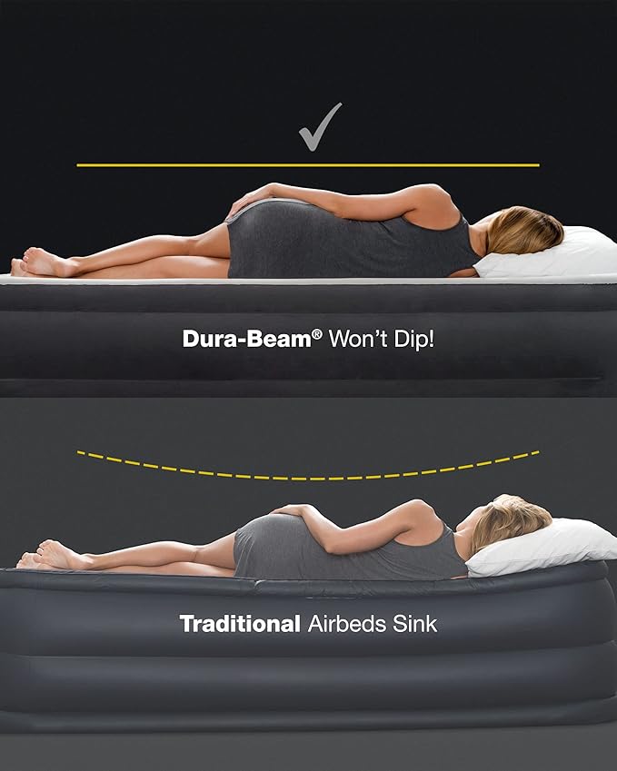 Intex 64779E Dura-Beam Standard Prestige Air Mattress: Fiber-Tech - Queen Size - Hand-Held Battery Pump - 10in Bed Height - 600lb Weight Capacity