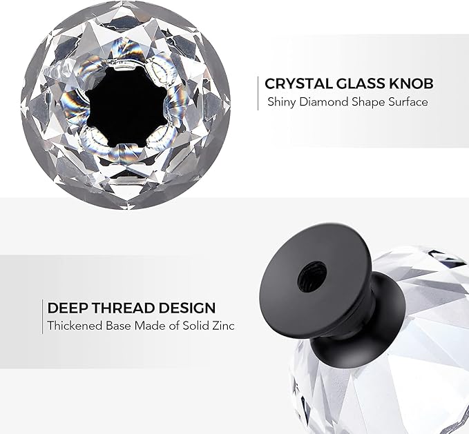 Ravinte 3 Pack Crystal Drawer Knobs - Glass Cabinet Knobs, Diamond Shaped, 30 mm with Black Base