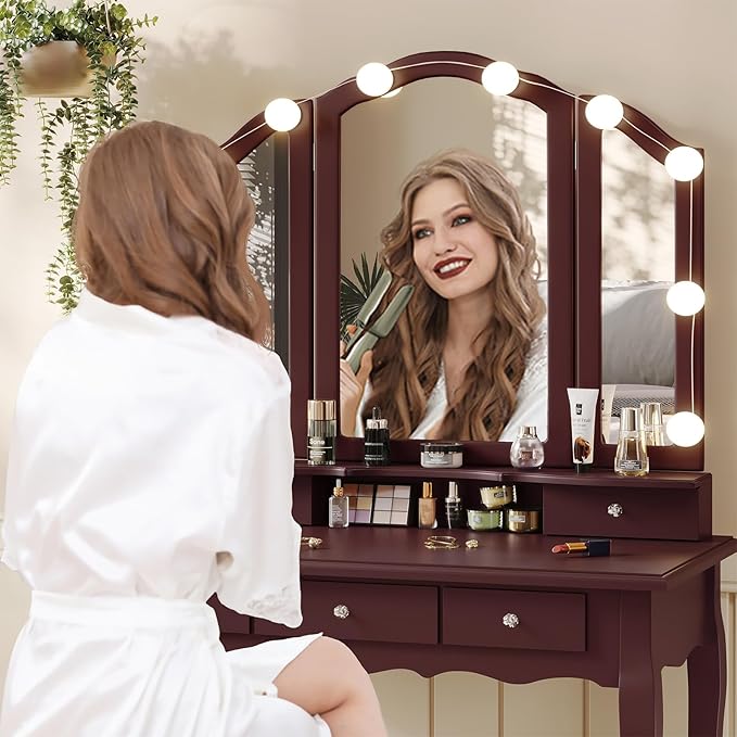 Tiptiper Vanity Desk, Makeup Vanity with Lighted Tri-Folding Mirror & Stool, Vanity Table Set with 10 LED Light Bulbs & 3 Color Lighting Modes, Makeup Table with 5 Storage Drawers, Brown