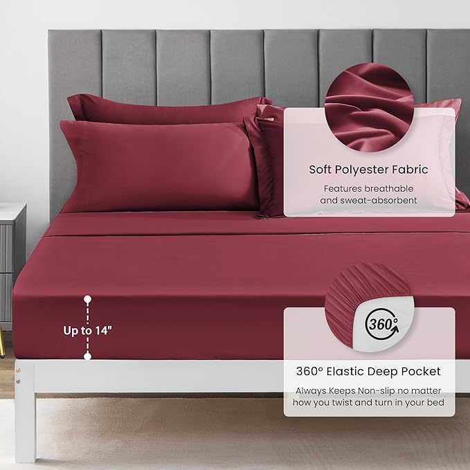 Love's cabin Twin XL Comforter Set Burgundy, 5 Pieces Twin XL Bed in a Bag, All Season Bedding Sets with 1 Comforter, 1 Flat Sheet, 1 Fitted Sheet, 1 Pillowcase and 1 Pillow Sham