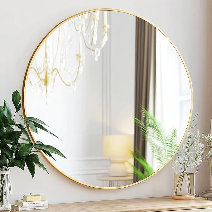 Gold Round Mirror, Circle Mirror 26 inch, Gold Circle Mirrors Metal Frame, Round Mirrors for Wall, Living Room, Bathroom, Entryway, Rustic.