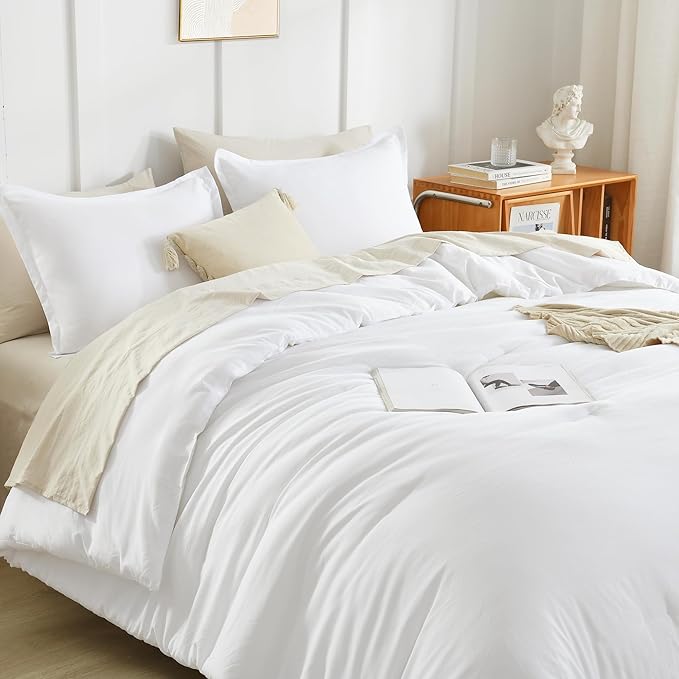 Litanika White Comforter Full Size Set, 3 Pieces Lightweight Solid Bedding Comforter Set, All Season Fluffy Bed Set