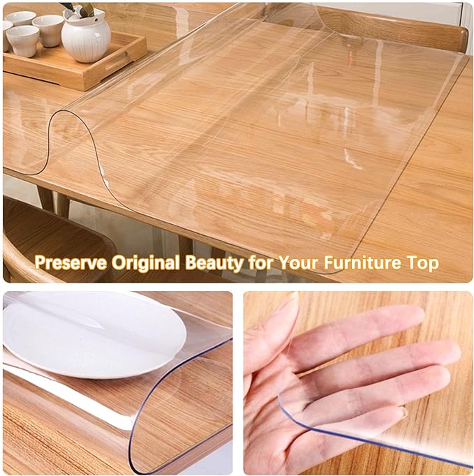 Clear Table Protector 23.6 x 43.4 Inch Thick Plastic Table Cover Protector Waterproof PVC Clear Tablecloth Protector Pad Vinyl Desk Top Protector Mat for Wood Coffee Glass Sofa Side Dining Room Table