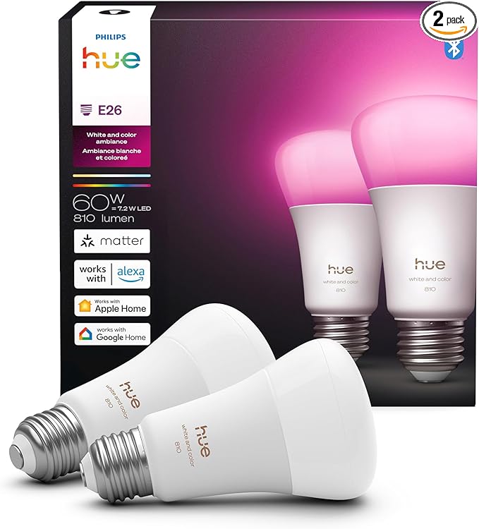 Philips Hue Smart LED A19 Bulb, White & Color Ambiance, E26 Base, 7.2W, Full Spectrum Light 1000K-20000K, 810 Lumens, Dimmable, Works with Alexa, Google,& Apple Home,2pk
