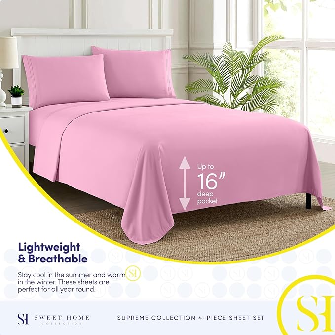 Twin XL Sheets - Breathable Luxury Sheets with Full Elastic & Secure Corner Straps Built In - 1800 Supreme Collection Extra Soft Deep Pocket Bedding Set, Sheet Set, Twin XL, Pink