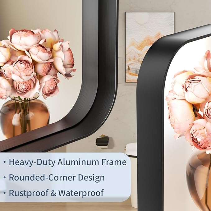 28×32 Black Frame Mirror for Over Sink - Rectangular Decorative Bathroom Mirrors with Rounded Corners & Aluminium Frame, Tempered-Glass, Restroom, Entryway, Wall, Vanity