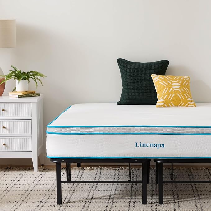 Linenspa 10” Memory Foam and Innerspring Hybrid Mattress + 14” Black Metal Platform Bedframe – Full Mattress + Metal Folding Full Bedframe