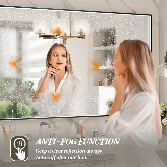 60x36 Inch LED Bathroom Mirror, Black Metal Framed Lighted Mirror for Bathroom, Wall Mouted LED Vanity Mirror with Lights, 3 Colors and Stepless Dimmable, Anti-Fog, Memory