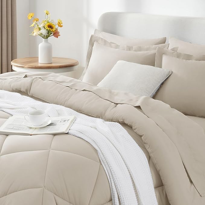 CozyLux Oversized King Comforter Set Beige - 7 Pieces Bed in a Bag Comforter Set with Sheets, Luxury Soft Bed Set All Seasons, Bedding Set with Down Alternative Comforter, Sheets, Pillowcases & Shams