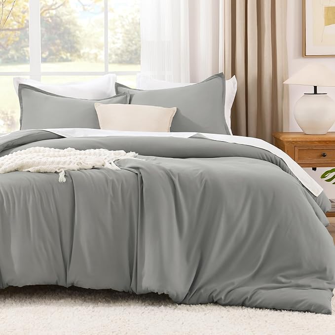 Litanika Comforters Medium Gray Queen Size, 3 Pieces Lightweight Solid Bedding Set & Collections, All Season Fluffy Bed Set (90x90In Comforter & 2 Pillowcases)