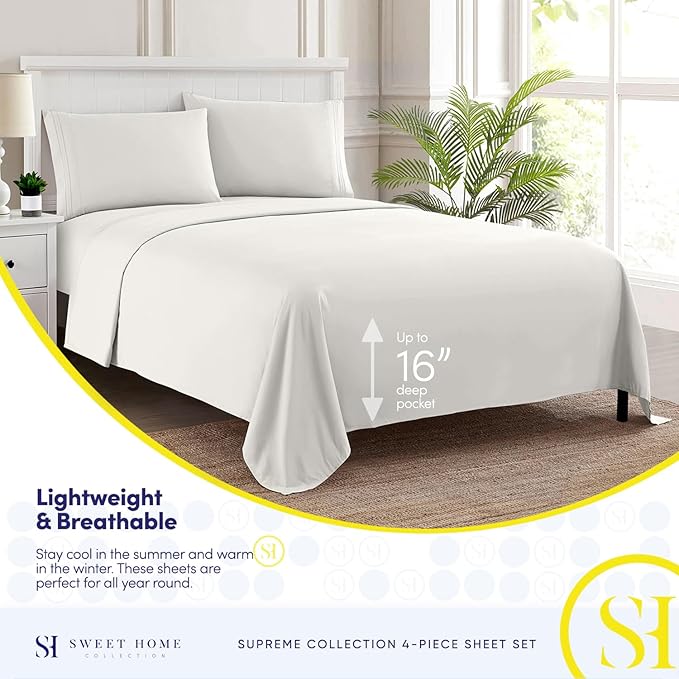 Split King Sheets - Breathable Luxury Sheets with Full Elastic & Secure Corner Straps Built In - 1800 Supreme Collection Extra Soft Deep Pocket Bedding Set, Sheet Set, Split King Size, Ivory