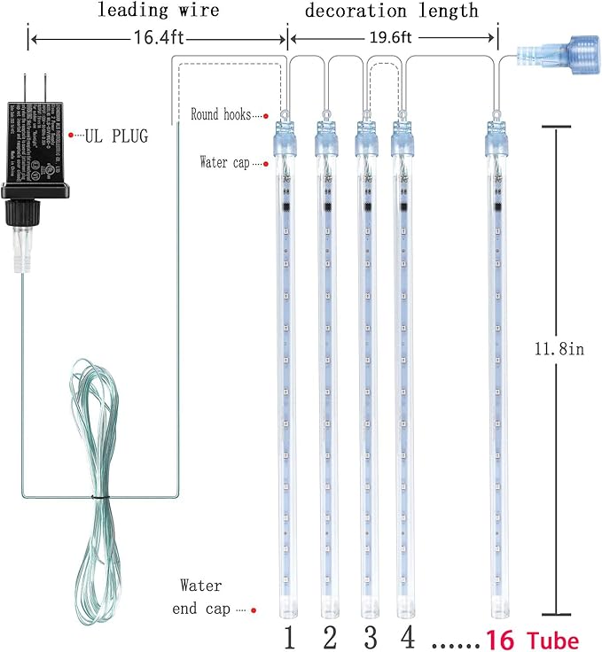 Kwaiffeo Purple Christmas Lights Outdoor, 16 Tubes Meteor Shower Light (Equivalent to 2 Sets of 8-Tube) for Halloween Christmas Decorations Yard Outside, UL Plug