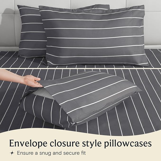 LuxClub Striped Sheets, 3 PC Striped Bed Sheets Twin Size for-Boys-and-Girls-Deep Pockets Wrinkle Free-Kids-Fitted Sheets Machine Washable Hotel Bedding (Twin, Light Grey)