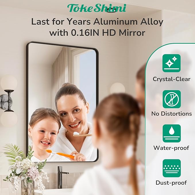 TokeShimi 24x32 Black Bathroom Mirror,Bathroom Vanity Mirror with Tempered Glass,Modern Vanity Wall Mirror for Bathroom with Seamless Aluminum Frame(Horizontal/Vertical)