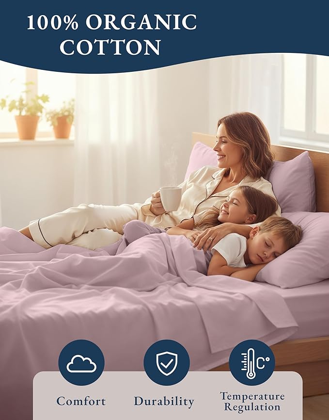 LANE LINEN 100% Organic Cotton Fully Elasticized California King Sheet Set, Low Pilling Fade Resistant Machine Washable Naturally Cooling Mercerized Soft & Comfy Cotton Sheets – Sepia Rose