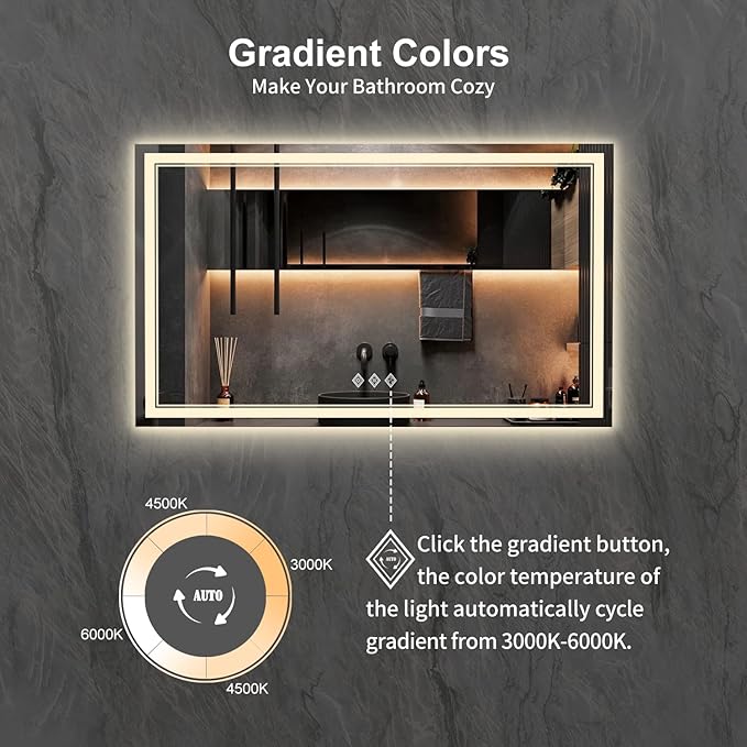 Lighted Vanity Mirror, 60x36 Inch Gradient Front and Backlit LED Mirror for Bathroom, 3 Colors Dimmable CRI>90 Double Lights, Enhanced Anti-Fog, Hanging Plates Wall Mount LED Light Mirror