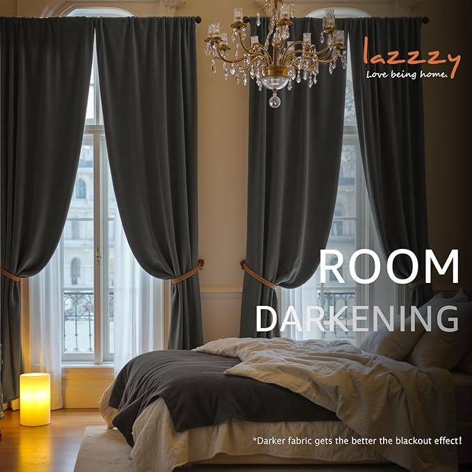 Lazzzy Velvet Blackout Curtains Thermal Insulated Room Window Drapes Super Soft Luxury Curtains for Living Room Bedroom Rod Pocket 2 Panels, Grey, 52" W x 90" L