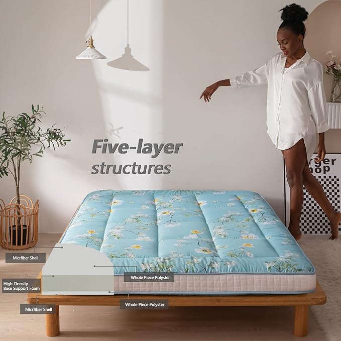 MAXYOYO Rustic Floral Korean Futon Mattress, Padded Japanese Floor Mattress Quilted Bed Mattress Topper, Extra Thick Folding Sleeping Pad Breathable Floor Lounger Guest Bed for Camping Couch, Queen
