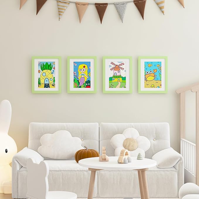 KINLINK 8.5x11 Kids Art Frames Set of 2, Solid Wood Kids Artwork Frames Changeable with Acrylic Front Opening Holds 150 Pictures, Art Frame for Kids Artwork with Mat or without Mat, Light Green