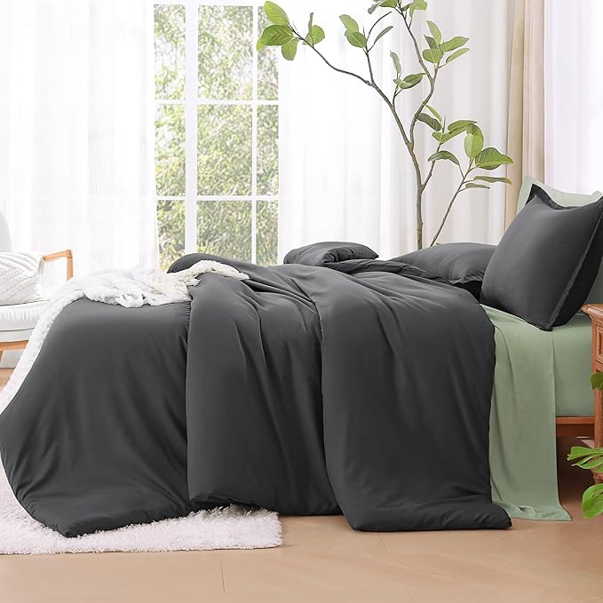 Litanika Grey Comforter King Size Set, Dark Gray Lightweight Plain Bedding Comforters Sets, All Season Fluffy Bed Set (104x90In Comforter & 2 Pillowcases)