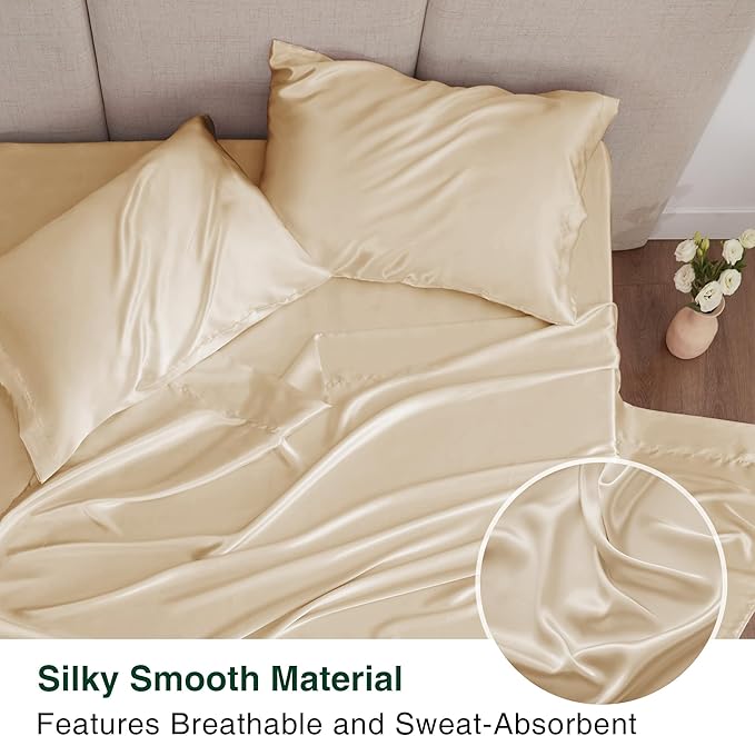 Love's cabin Twin Satin Sheets Sets - 3 Piece Beige Silky Bed Sheets with Deep Pockets, Luxury Silk Feel Satin Twin Size Sheet Set Bedding Set (1 Flat Sheet,1 Fitted Sheet,1 Pillow case)