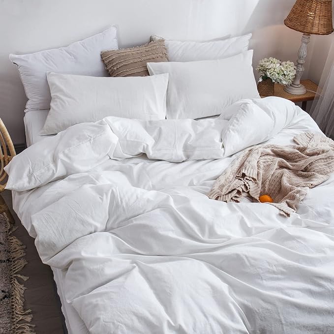 MooMee Bedding Duvet Cover Set 100% Washed Cotton Linen Like Textured Breathable Durable Soft Comfy (Solid Off White, Alaska King 132"x120")
