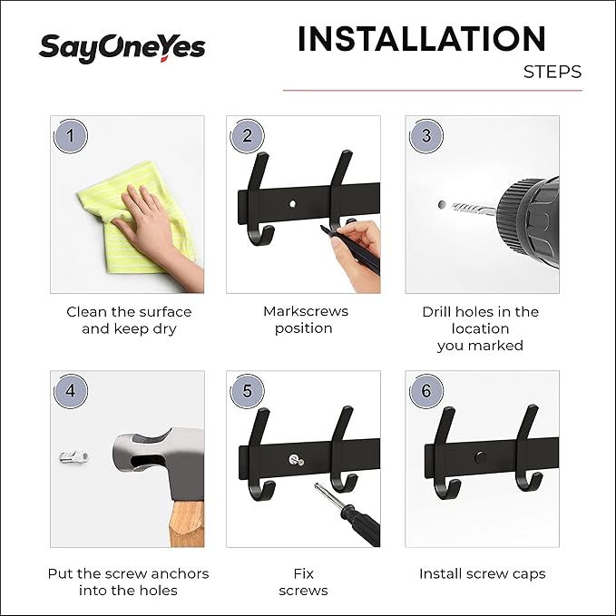 Matte Black Coat Rack Wall Mount – 17 Inch Stainless Steel Hook Rail with 6 Double Coat Hooks – Wall Mounted Entryway Organizer for Coats, Hats, Bags, Towels, Robes, Closet or Bathroom - 4 Pack
