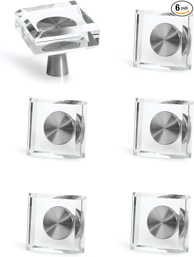 JEREVER 6 Pack Glass Crystal Knobs Brushed Nickel Drawer Pull Cabinet Handle for Dresser Kitchen (Square)
