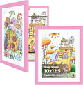 KINLINK 10x12.5 Kids Art Frames Set of 2, Solid Wood Kids Artwork Frames Changeable with Acrylic Front Opening Holds 150 Pictures, Art Frame for Kids Artwork with Mat or without Mat, Pink