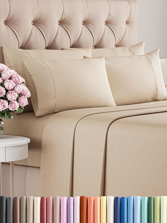 Queen 6 Piece Sheet Set - Comfy Breathable & Cooling - Ultra Soft Hotel Luxury Bedding Set w/ 8-16 Inch Deep Pockets - 1 Flat & 1 Fitted Sheet & 4 Pillowcases - Cozy, Wrinkle Free & Easy Care - Cream