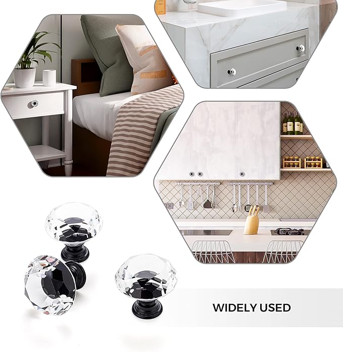 Ravinte 5 Pack Crystal Drawer Knobs - Glass Cabinet Knobs, Diamond Shaped, 30 mm with Black Base