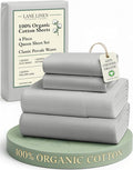 LANE LINEN 100% Organic Cotton Mercerized Queen Sheets, Soft & Comfy Naturally Cooling Cotton Sheets Queen Size Set, Classic Percale Weave Low Pill Fade Resistant Queen Bed Sheets- Silver