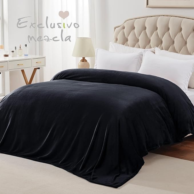Exclusivo Mezcla Fleece Blanket King Size for Bed, Super Soft and Warm, All Season Use, Cozy, Plush, Lightweight, 90x104 Inches, Black
