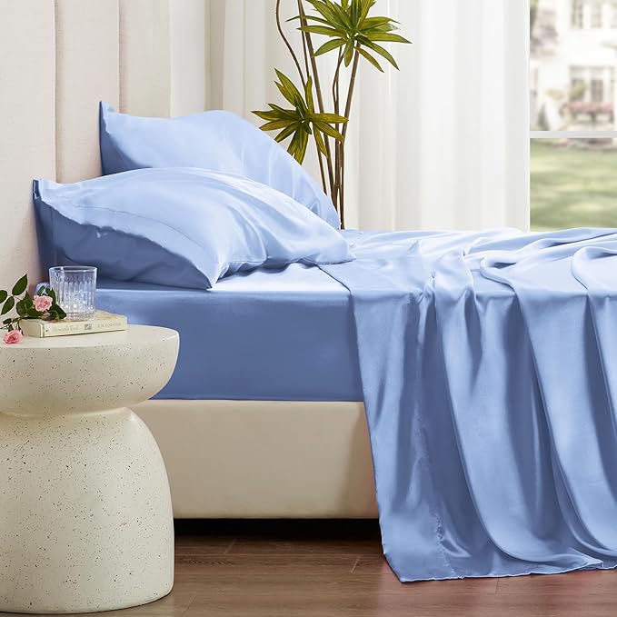 Love's cabin Satin Sheet Set - 3 Piece Sky Blue, Luxury Silky Feel, Twin Size, Deep Pockets, Wrinkle Resistant