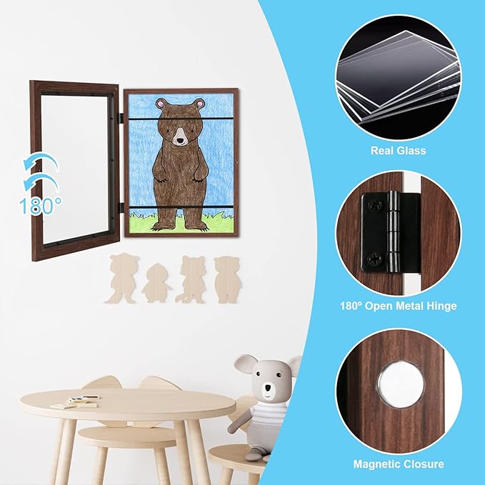 [3-Pack] Kids Art Frames, 8.5x11 Front Opening Kids Artwork Frames Changeable, Brown Artwork Display Storage Frame for Wall, Holds 50 Pcs, for 3D Picture, Crafts, Hanging Art, Portfolio