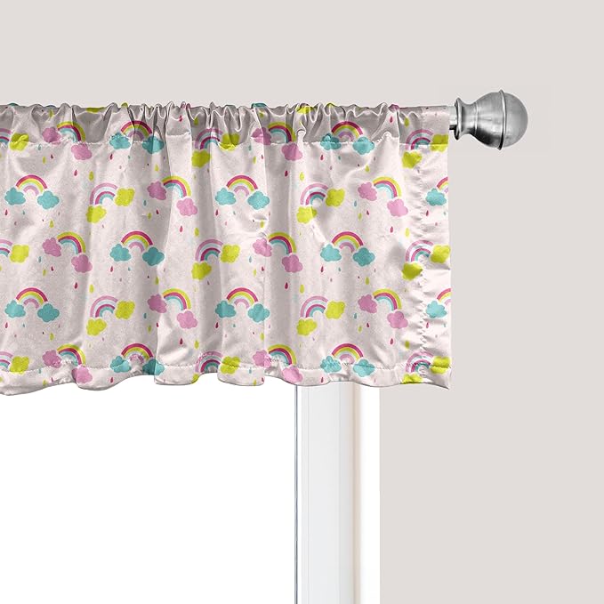 Ambesonne Cartoon Window Valance Pack of 2, Pastel Rainbows Clouds Raindrops Sky Theme, Rod Pocket Curtain Valances for Kitchen Bedroom, 54" X 18", Rose and Multicolor