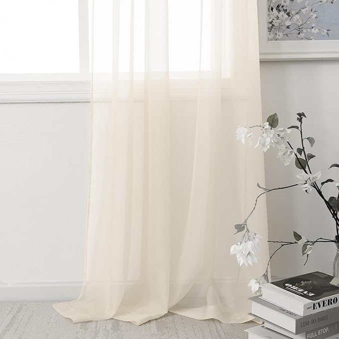 HUTO Cream Beige Sheer Curtains 63 Inch Length Rod Pocket Beige Sheer Voile Window Curtain Drapes for Bedroom Living Room 2 Panels