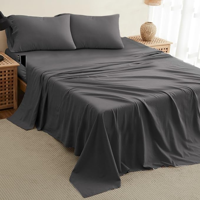 DREAMCARE California King Sheet Sets - Cooling Bed Sheets - 4pcs Set - up to 15" Deep Pocket Cal King Sheets - California King Sheets - Soft & Lasting 100% Brushed Polyester with Side Pocket - Gray