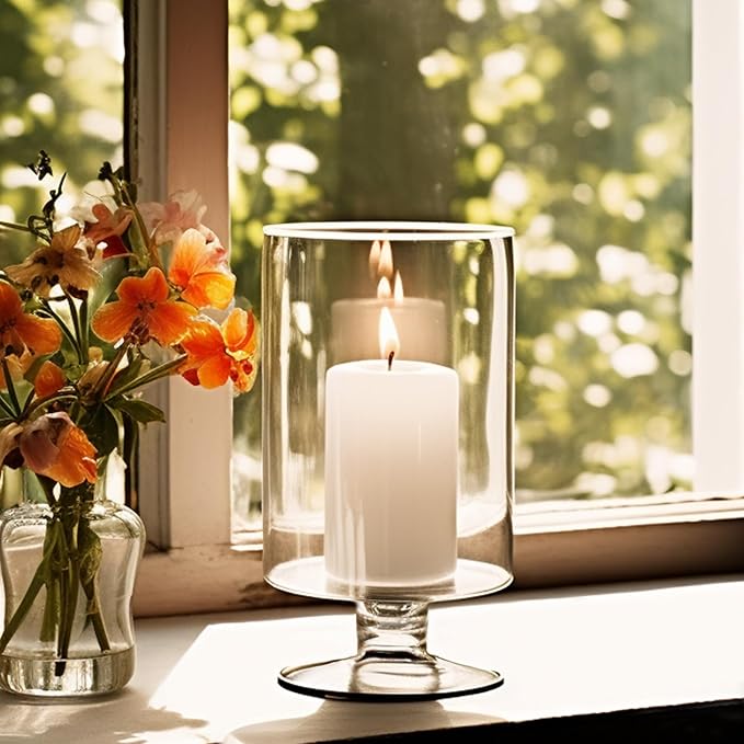 CYS EXCEL Glass Hurricane Pillar Candle Holder (H:10" W:6") | Multiple Size Choices Short Stem Candle Centerpieces | Stemmed Glass Cylinder Candle Vase