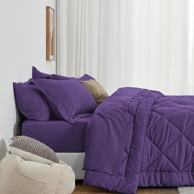 Love's cabin King Size Comforter Set Purple, 7 Pieces King Bed in a Bag, All Season Bedding Sets with 1 Comforter, 1 Flat Sheet, 1 Fitted Sheet, 2 Pillowcase and 2 Pillow Sham
