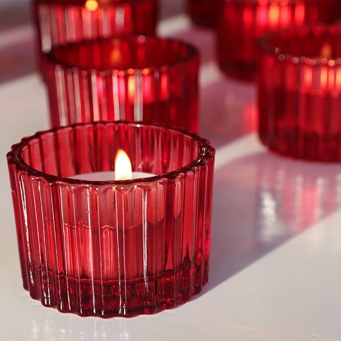VOHO 24pcs Red Tealight Candle Holder for Christmas Decorations, Vintage Ribbed Votive Candle Holders Gifts for Women Friends, Small Tea Light Candle Holder Glass Wedding Centerpieces for Tables