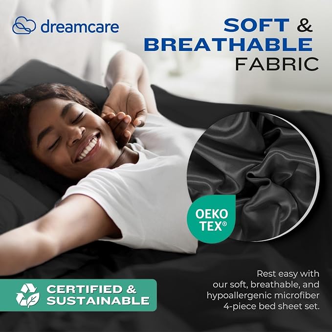 DREAMCARE Twin XL Sheet Sets - 4pc Cooling Sheets XL Twin Sheets - Twin XL up to 21” Deep Pocket – Hotel Luxury Extra Long 100% Brushed Microfiber with Side Pocket - Black
