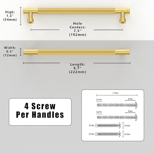 10 Pack Brushed Gold Knurled Cabinet Pulls 7.5 Inch(192mm) Kitchen Cabinet Handles Solid Zinc Alloy Cabinet Hardware Drawer Pulls