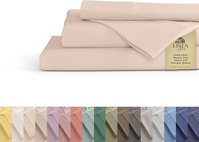 Linen Home 100% Cotton Percale Sheets King Size, Sand Shell, Deep Pocket, 4 Pieces Set - 1 Flat, 1 Deep Pocket Fitted Sheet and 2 Pillowcases, Crisp Cool and Strong Bed Linen