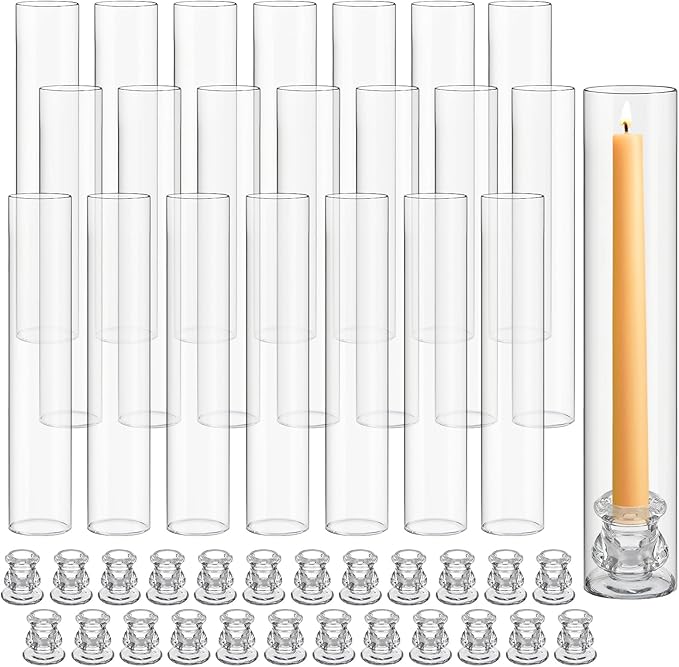 24 Set Christmas Glass Hurricane Candle Holders 12.6" Open Ended Glass Candleholder Tube Shape Bottomless and 2.2" Taper Clear Candlestick Holders for Wedding Party Table Centerpiece (Clear)