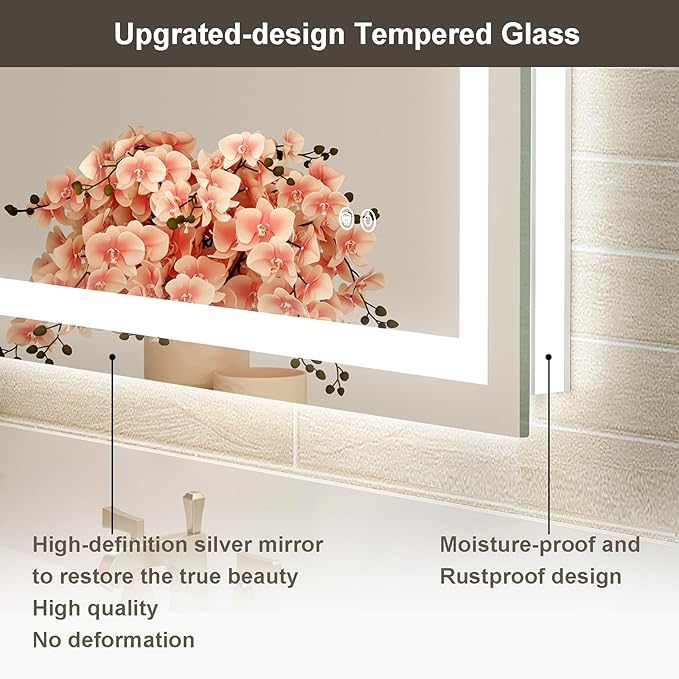 48x28 LED Bathroom Mirror with Lights, Brighter Backlit + Front Lit, Tempered Glass, Dimmable, Multiple Light Modes, Anti-Fog Lighted Bathroom Vanity Mirror for Wall, Memory Function