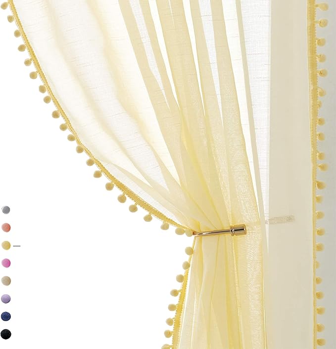 Treatmentex Pompom Sheer Yellow Curtains for Living Room Bedroom Nursery Room 72 inch Long Linen Texture Curtain Drapes for Kids Room 2 Panels Rod Pocket