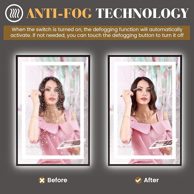 LED Bathroom Mirror,28"x36" Mirror with Black Frame, Front Light and Backlit, Stepless Dimmable, Anti-Fog, Shatter-Proof, Memory, 3 Colors, Double LED Vanity Mirror